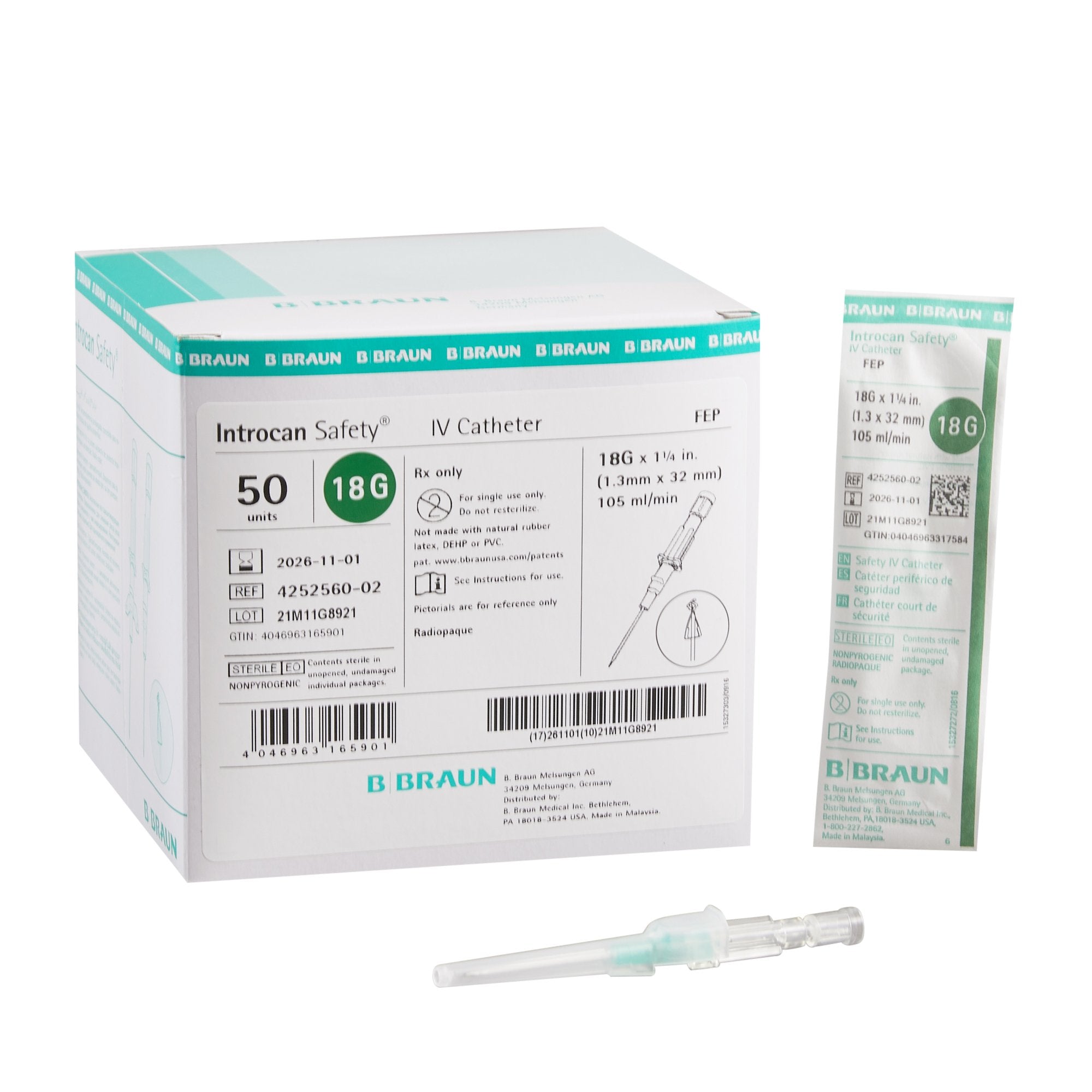 Peripheral IV Catheter Introcan Safety® 18 Gauge 1-1/4 Inch FEP Polymer Straight Hub Non Blood Control Passive Safety - 4252560-02