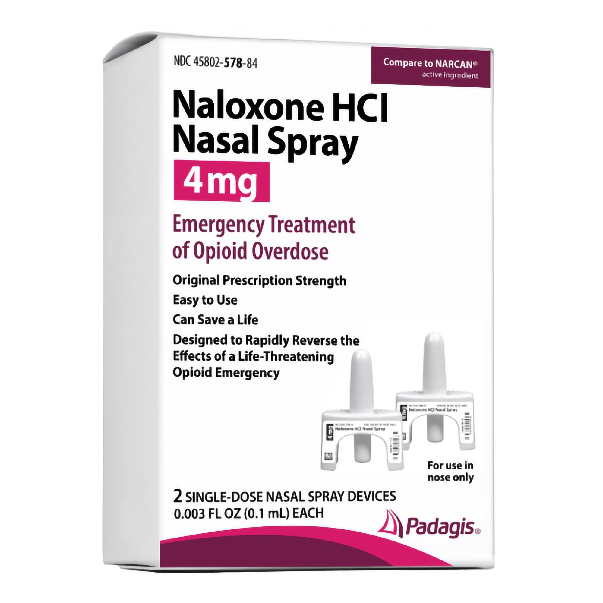 Emergency Opiate Antagonist Naloxone HCl Nasal Spray 0.1 mL Single-Dose Device 45802057884
