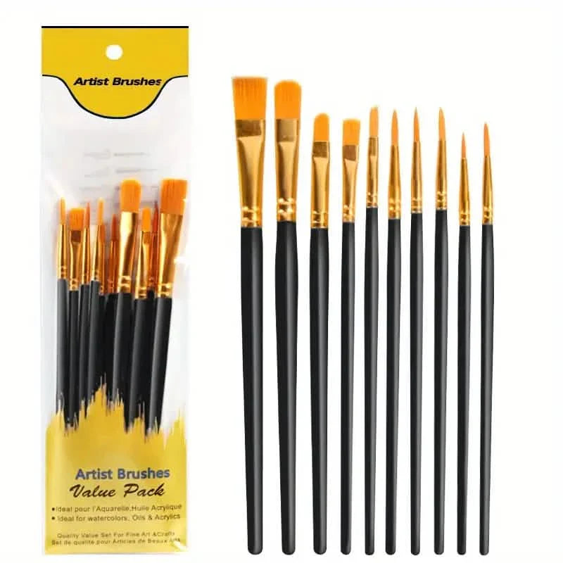 10-Pieces: Artist Paintbrush Nylon Round Pointed Flat Head Set