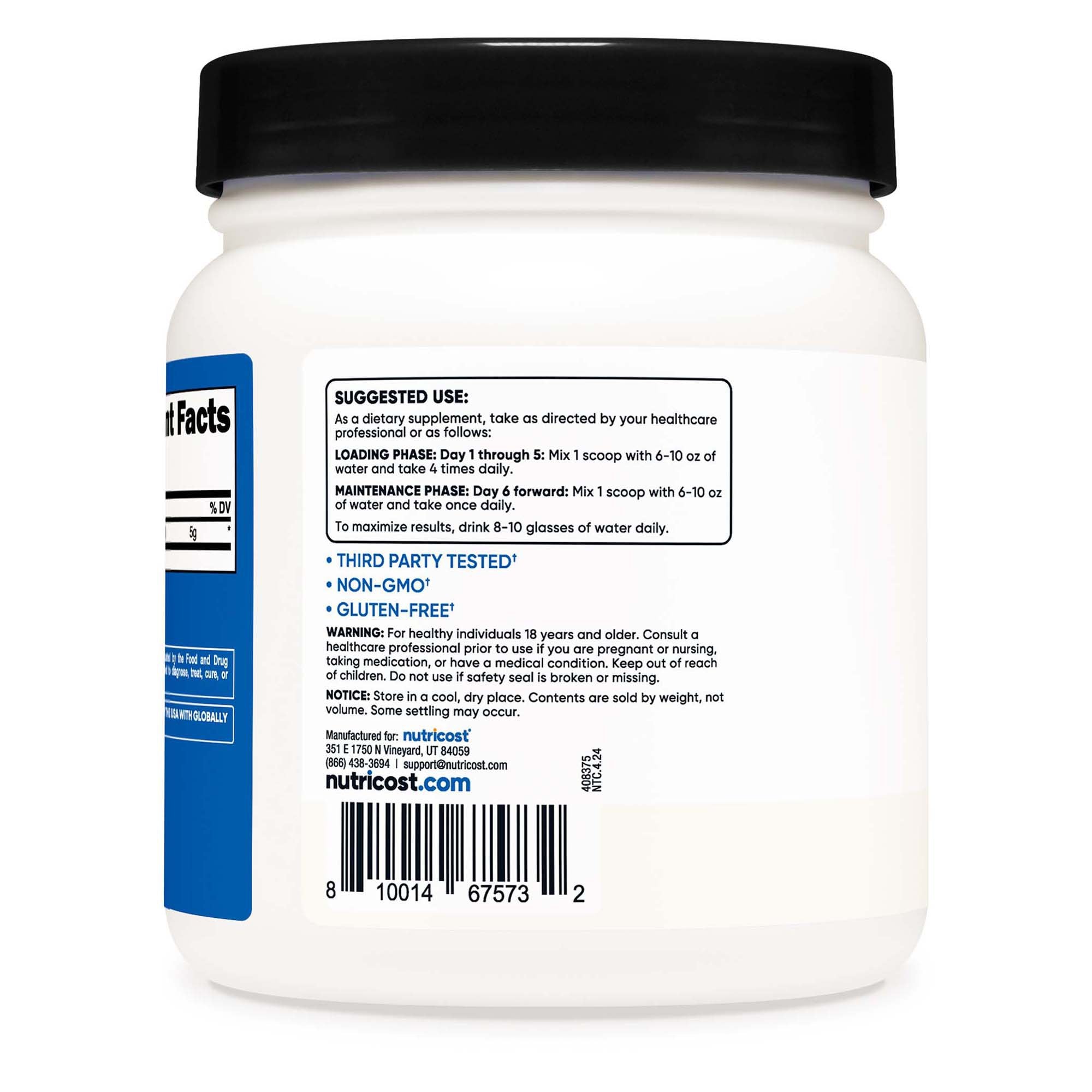 Oral Supplement Nutricost Creatine Monohydrate Unflavored Powder 1 lb. Canister NCW015309