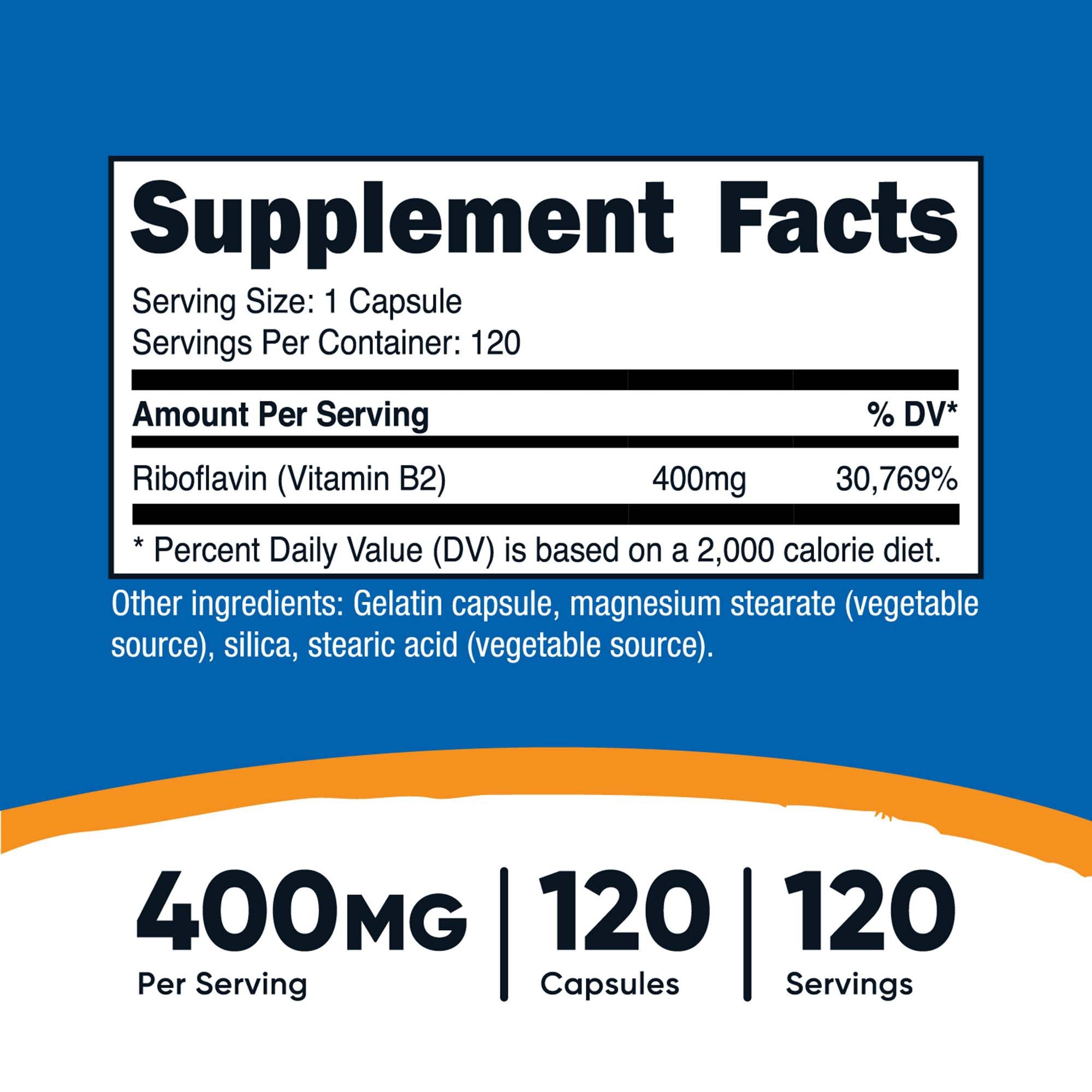 Dietary Supplement nutricost® Vitamin B2 Riboflavin Vitamin B2 400 mg Strength Capsule 120 Per Bottle NTC080101