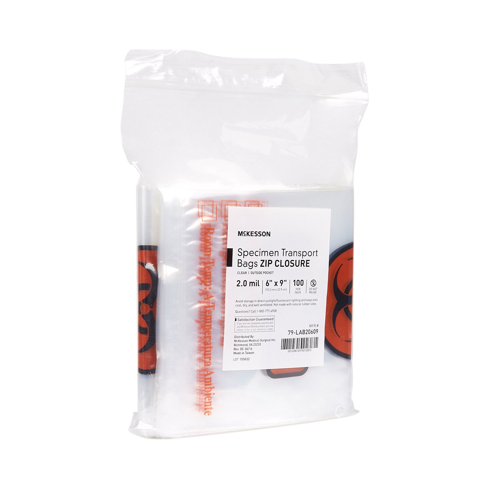 McKesson Specimen Transport Bag with Document Pouch, Zip Closure, 6 x 9 Inch 79-LAB20609