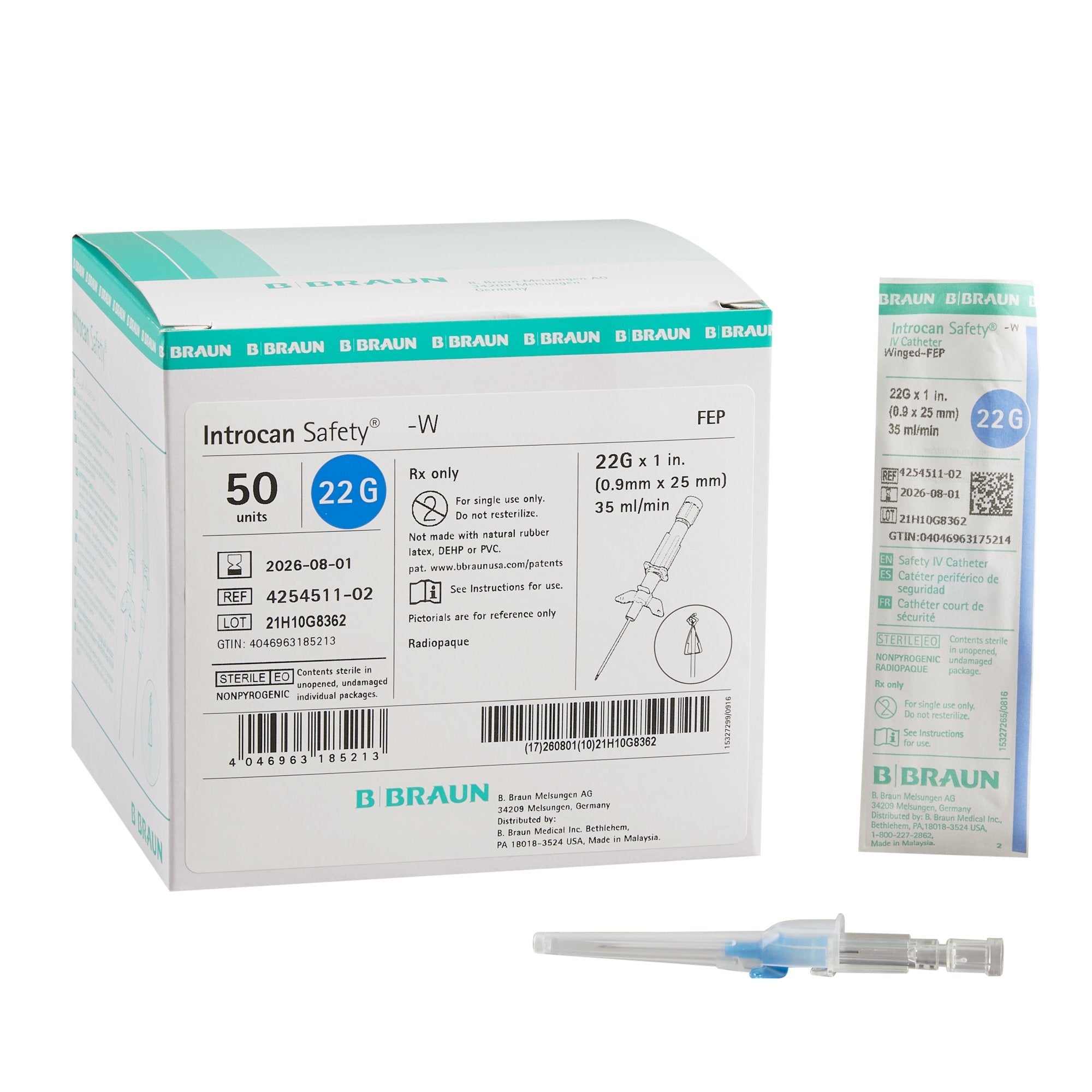 Peripheral IV Catheter Introcan Safety® 22 Gauge 1 Inch FEP Polymer Winged Hub Non Blood Control Passive Safety - 4254511-02