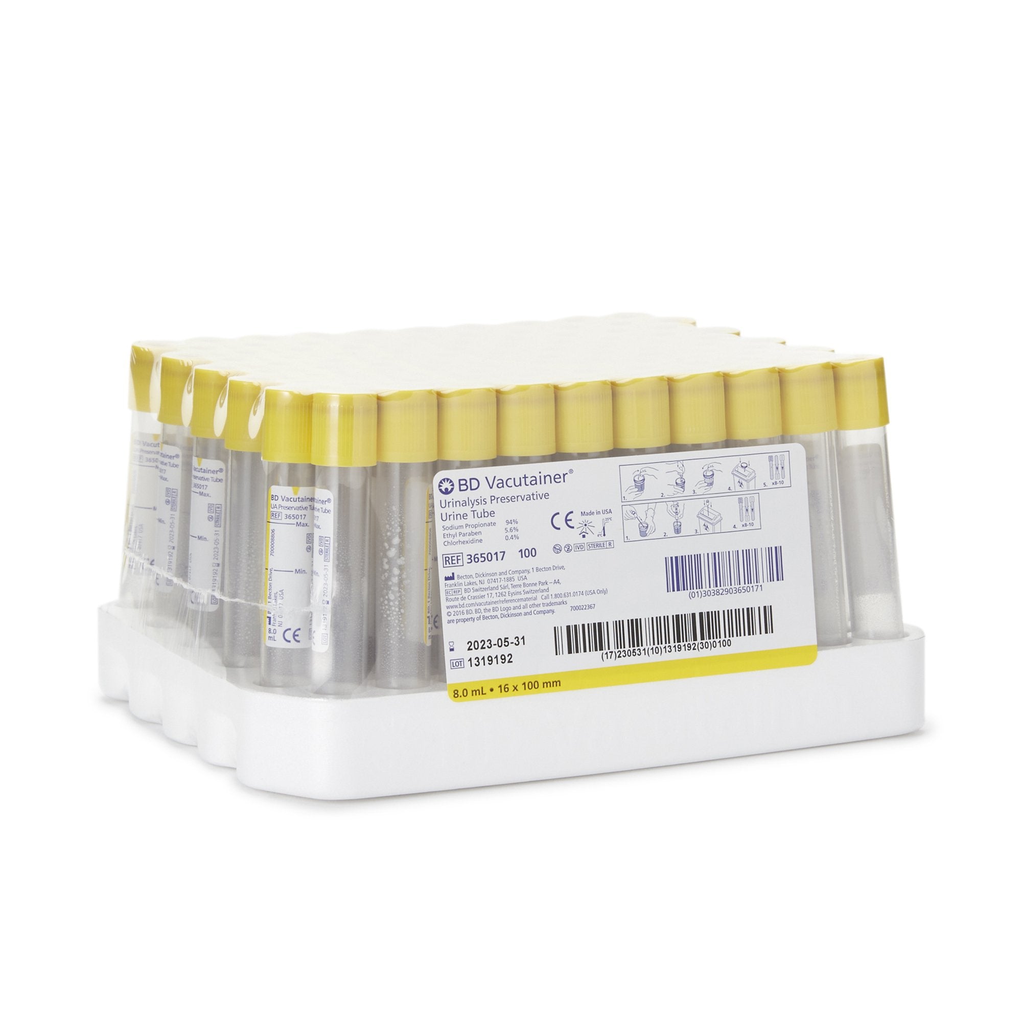 BD Vacutainer® Urinalysis Tube Chlorhexidine / Ethyl Paraben / Sodium Propionate Additive 8 mL BD Hemogard™ Closure Polyethylene Terephthalate (PET) Tube 365017