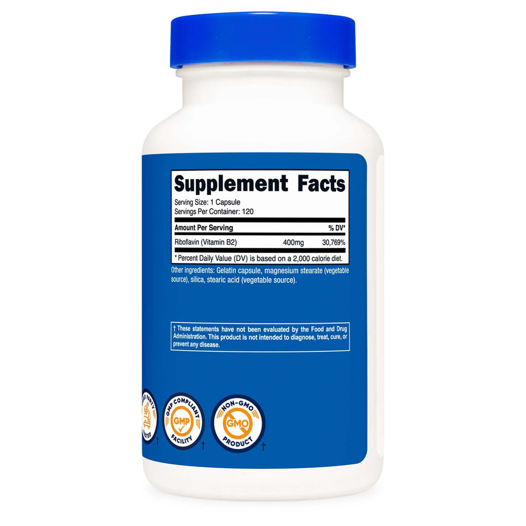 Dietary Supplement nutricost® Vitamin B2 Riboflavin Vitamin B2 400 mg Strength Capsule 120 Per Bottle NTC080101
