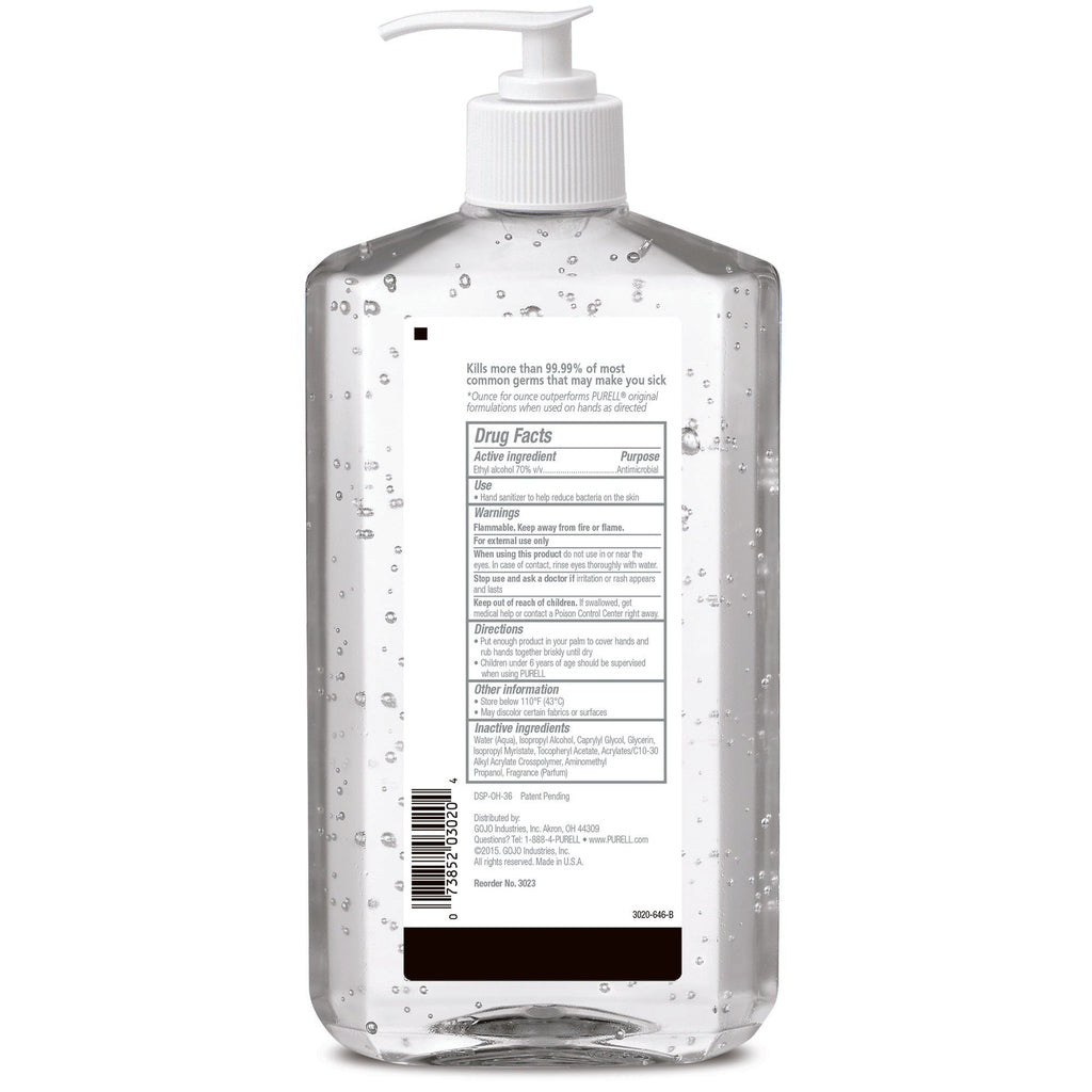 Purell Advanced Hand Sanitizer 70% Ethyl Alcohol Gel, Pump Bottle, 20 oz 3023-12