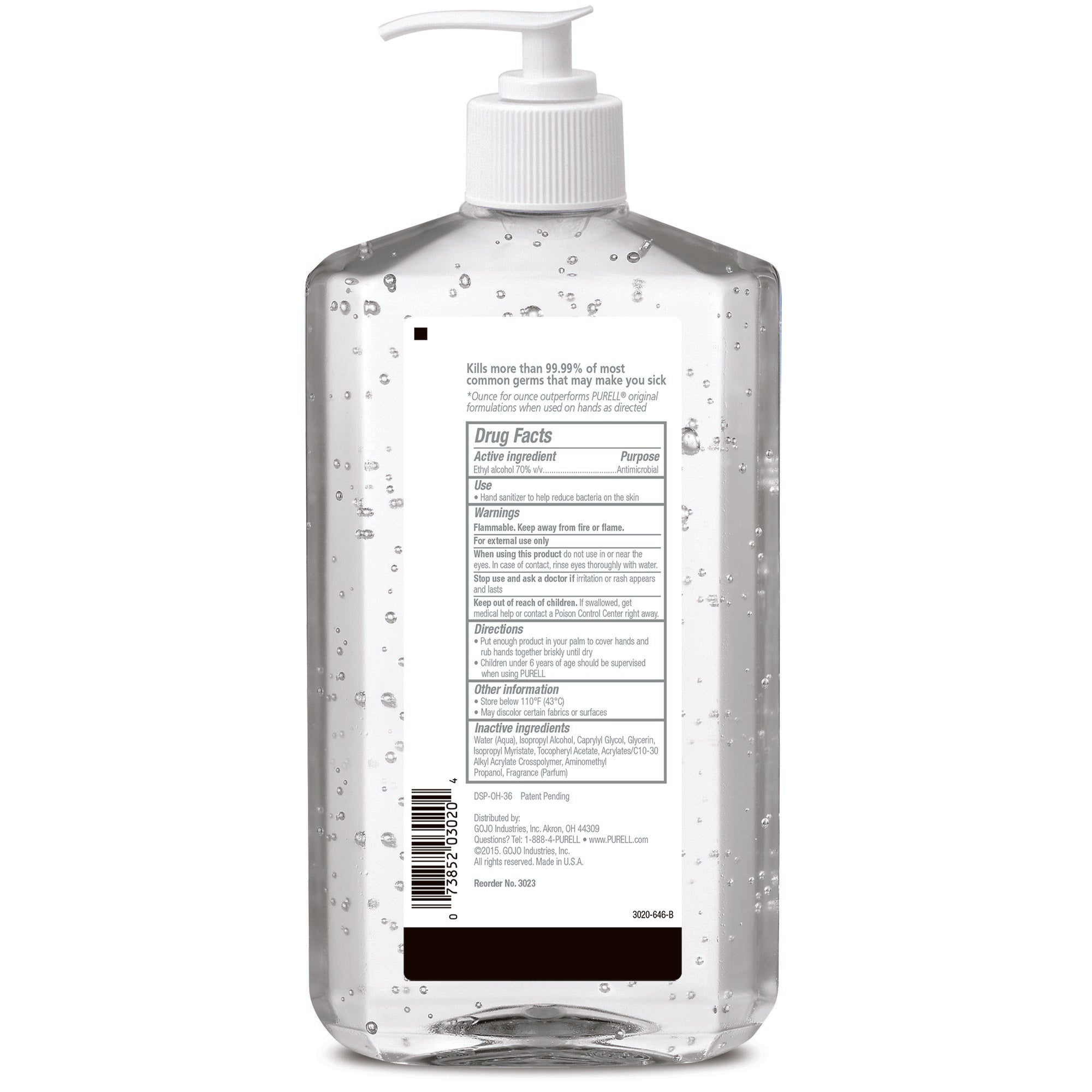 Purell Advanced Hand Sanitizer 70% Ethyl Alcohol Gel, Pump Bottle, 20 oz 3023-12