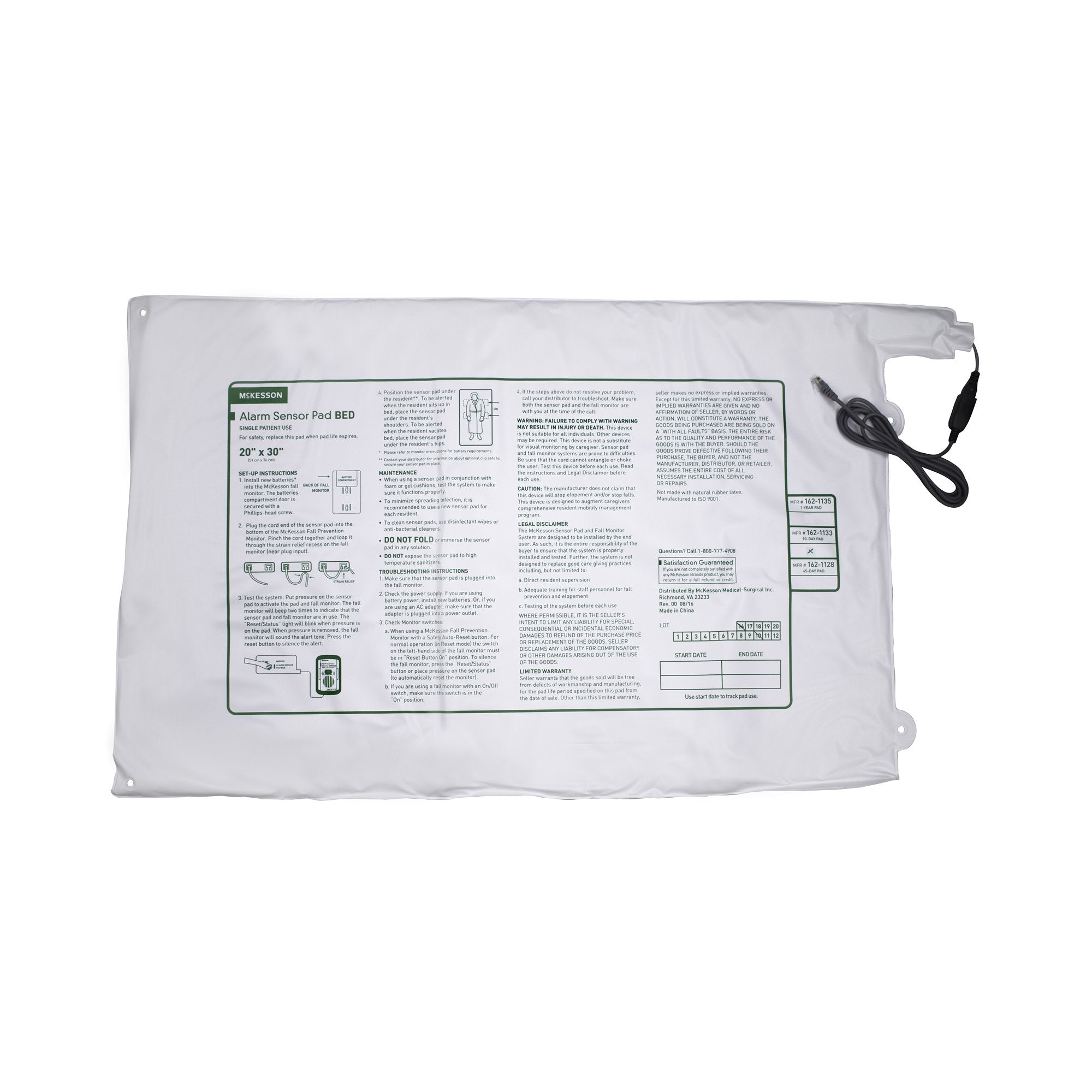 McKesson Bed Alarm Sensor Pad, 20 x 30 Inch 162-1133