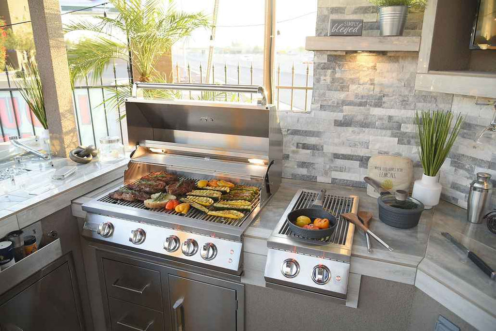 KoKoMo Bermuda Kitchen BBQ Island with Built-In TV, Fire Pit & Bar for Ultimate Outdoor Entertaining