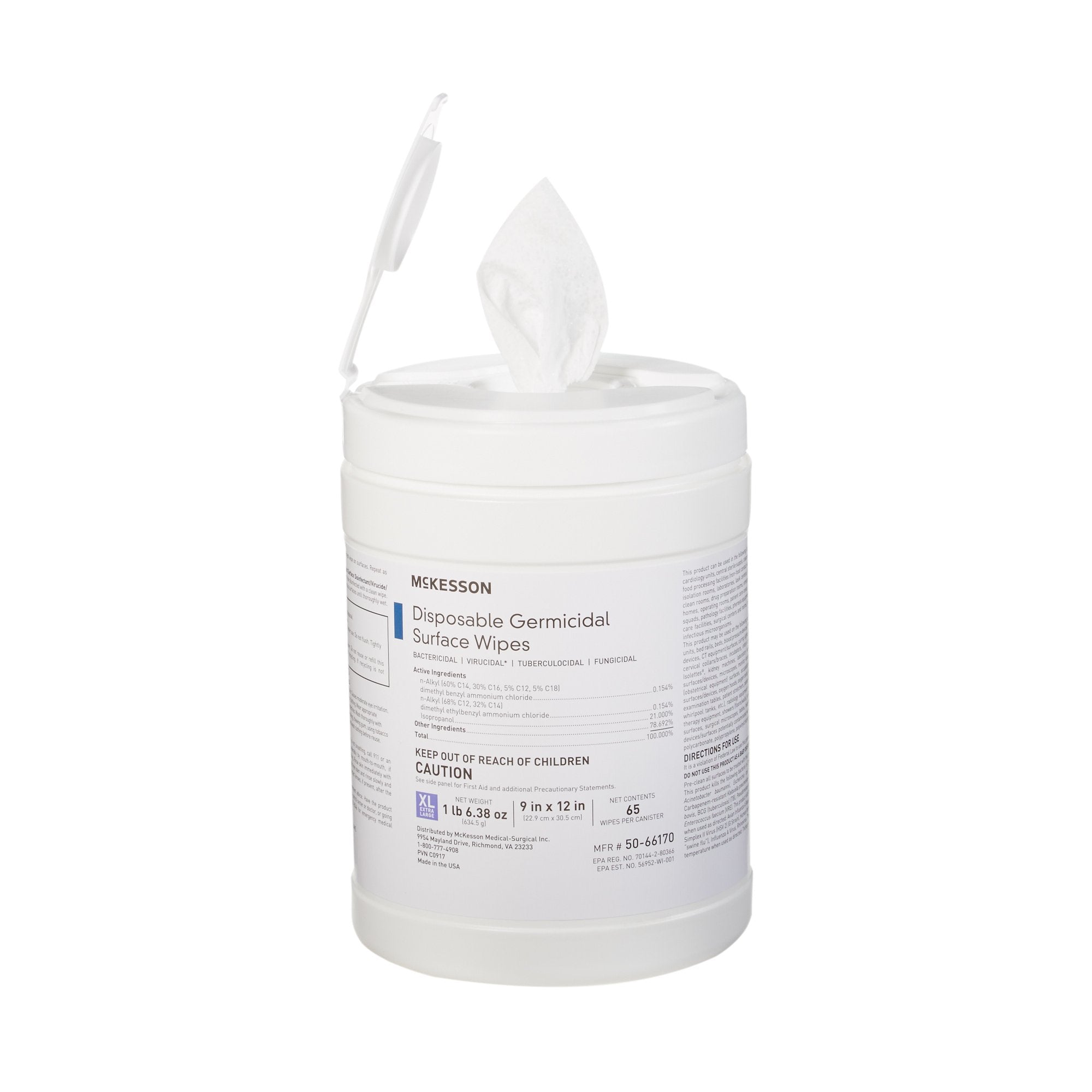 McKesson Germicidal Extra Large Surface Disinfectant Wipes, Canister 50-66170