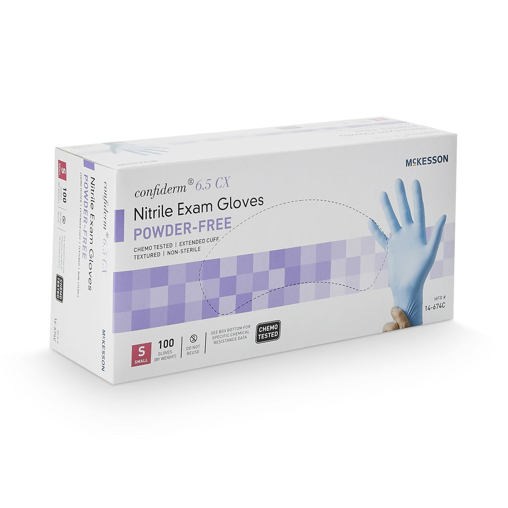 McKesson Confiderm® 6.5CX Nitrile Extended Cuff Length Exam Glove, Small, Blue 14-674C