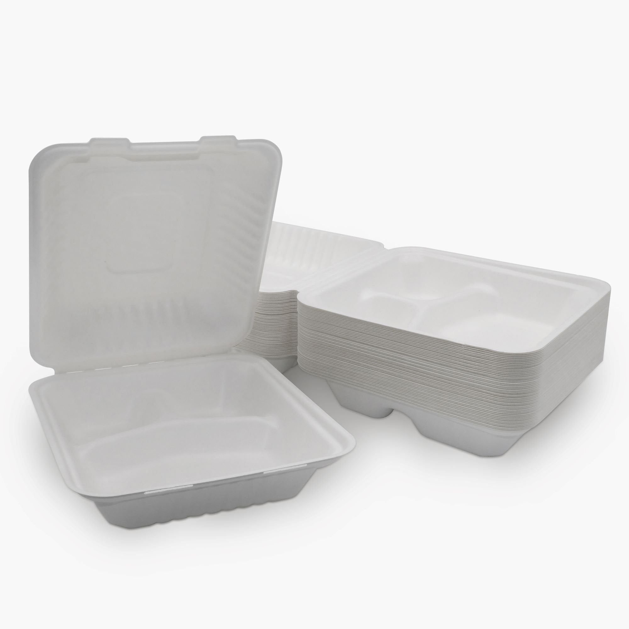 3 Compartment Clamshell Food Container Medd Max LLC 8 X 8 Inch White Compostable Bagasse B036 3-C