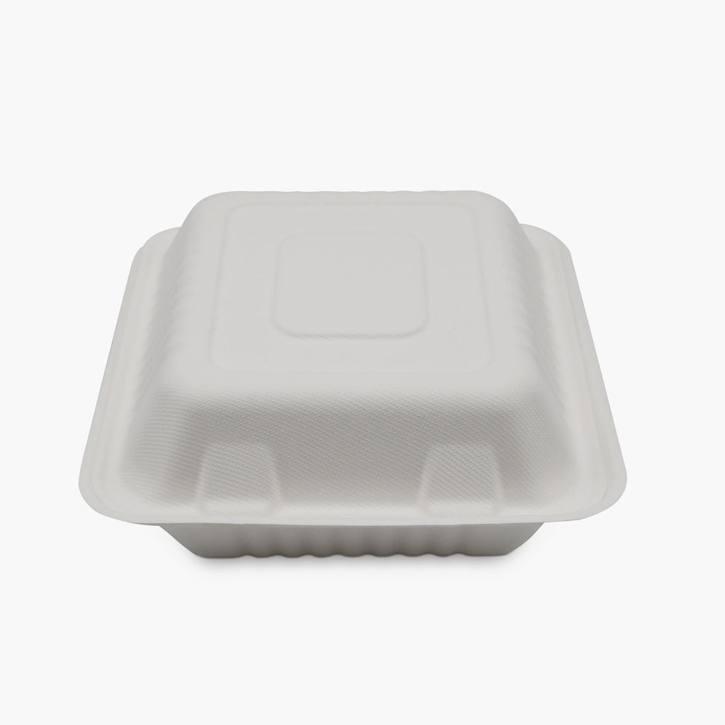 3 Compartment Clamshell Food Container Medd Max LLC 8 X 8 Inch White Compostable Bagasse B036 3-C