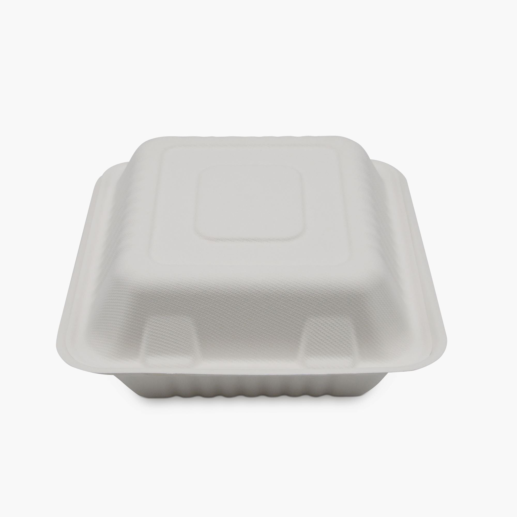 3 Compartment Clamshell Food Container Medd Max LLC 8 X 8 Inch White Compostable Bagasse B036 3-C