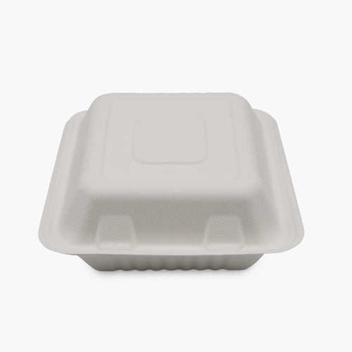 3 Compartment Clamshell Food Container Medd Max LLC 8 X 8 Inch White Compostable Bagasse B036 3-C