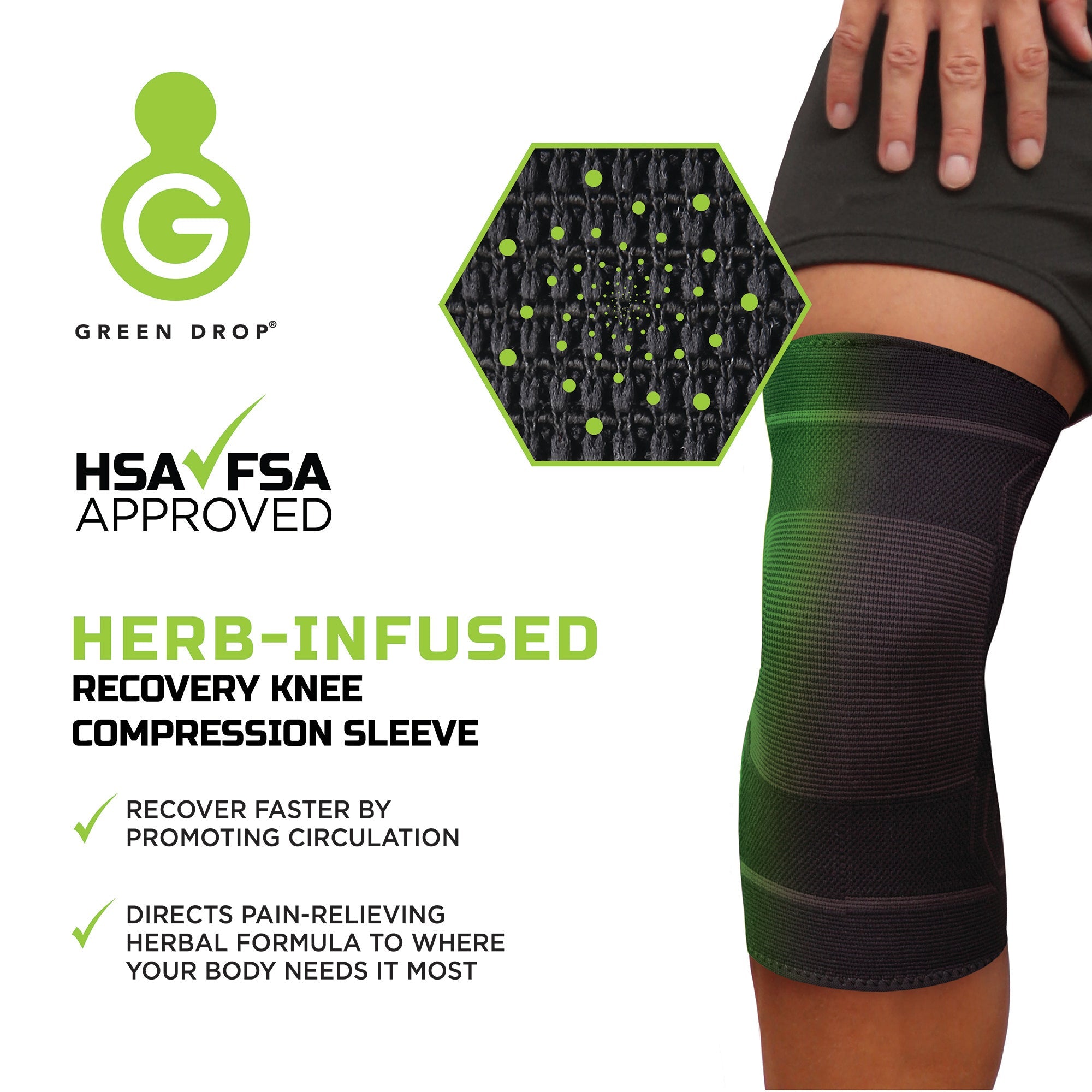 Green Drop™ Infused Compression Sleeve Knee Support, Small/Medium KNE-1452