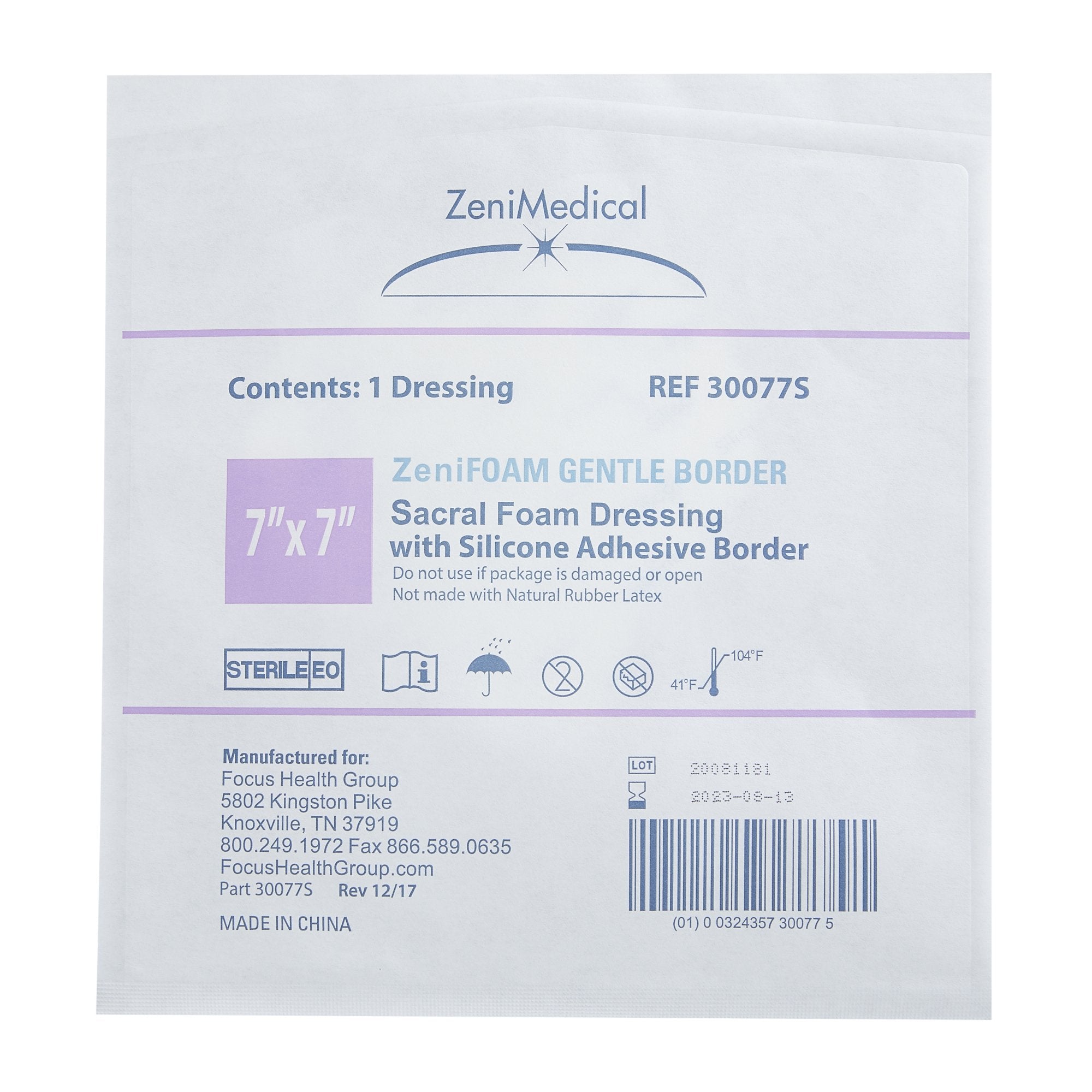 Foam Dressing Zenifoam Gentle Border 7 X 7 Inch With Border Waterproof Backing Silicone Face and Border Sacral Sterile 30077-S