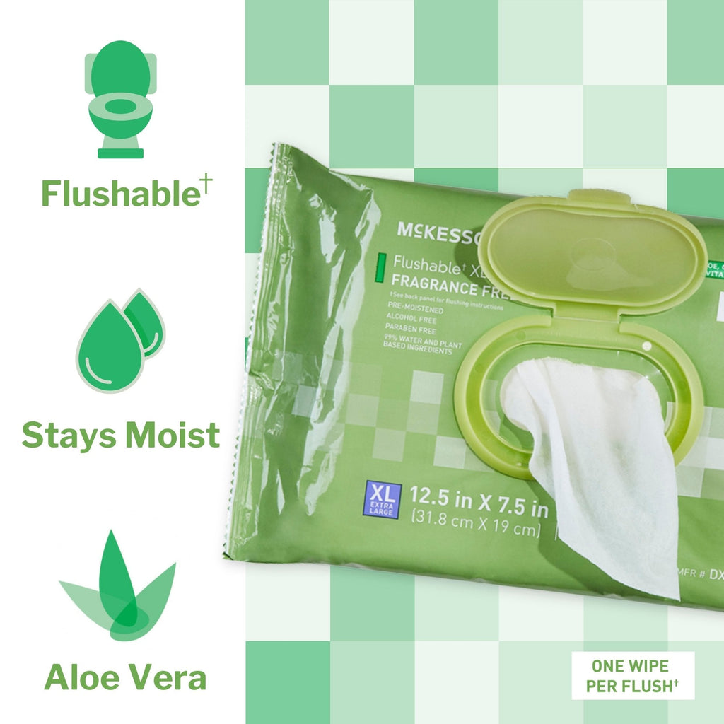 McKesson Flushable* Wet Wipes XL - Unscented, 96 Wet Wipes per Pack DXLU96