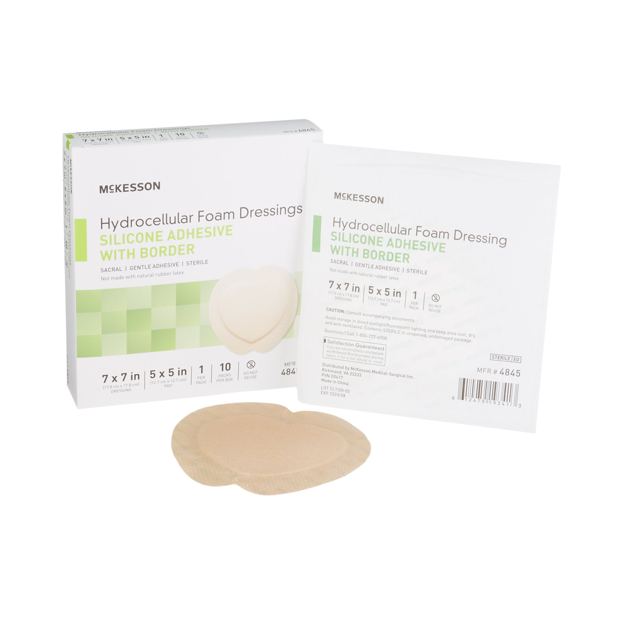McKesson Silicone Adhesive with Border Silicone Foam Dressing, 7 x 7 Inch Sacral 4845
