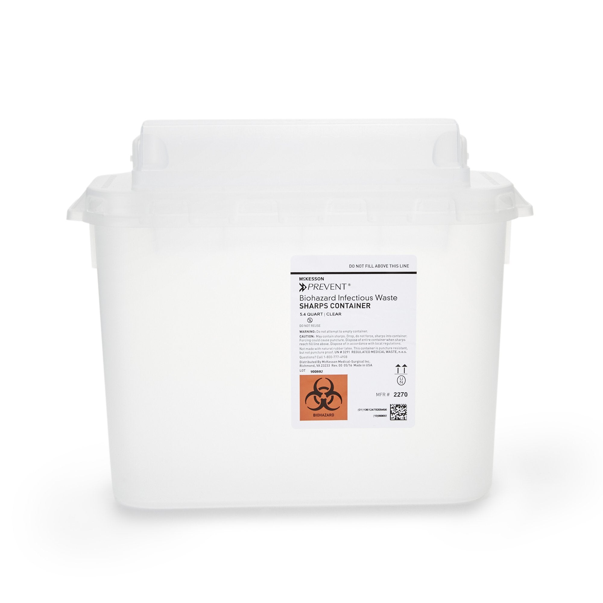 McKesson Prevent® Clear Sharps Container, 5.4-Quart, 11 x 12 x 4-3/4 Inch 2270
