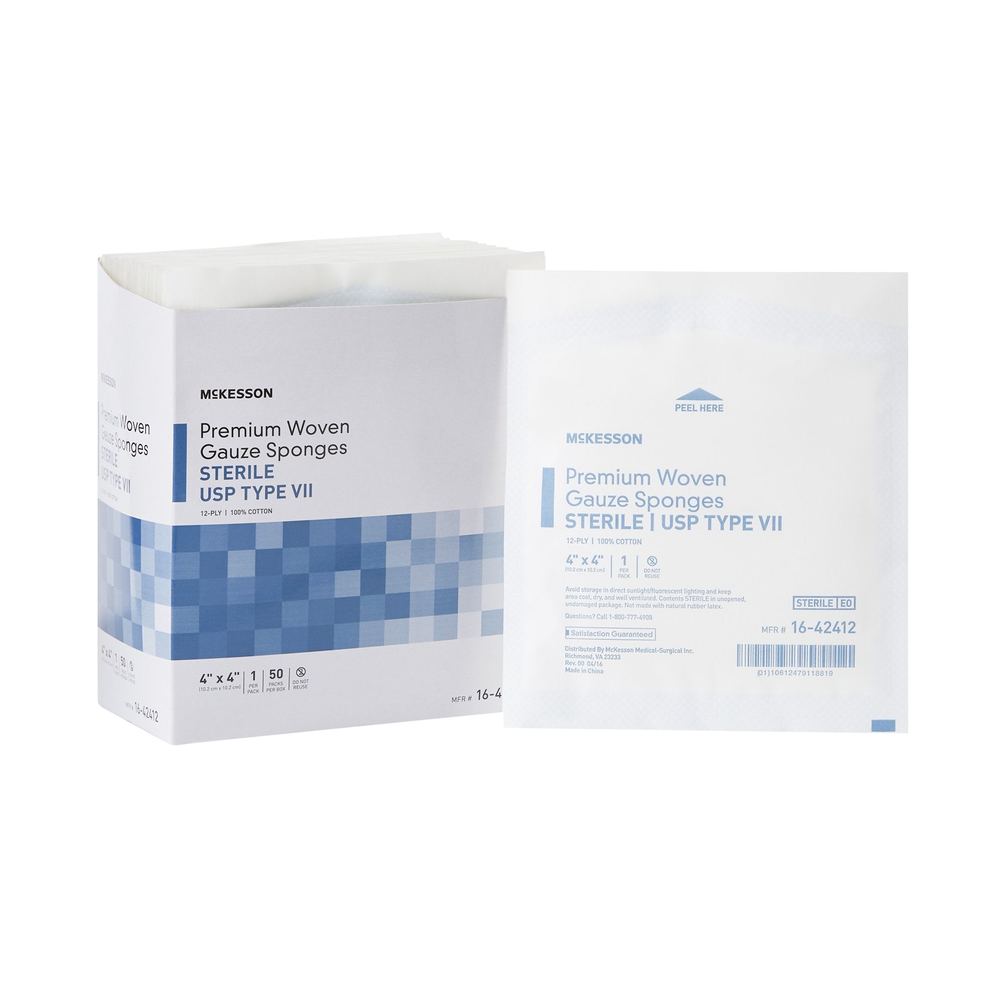 McKesson Sterile USP Type VII Gauze Sponge, 4 x 4 Inch, 12-Ply 16-42412