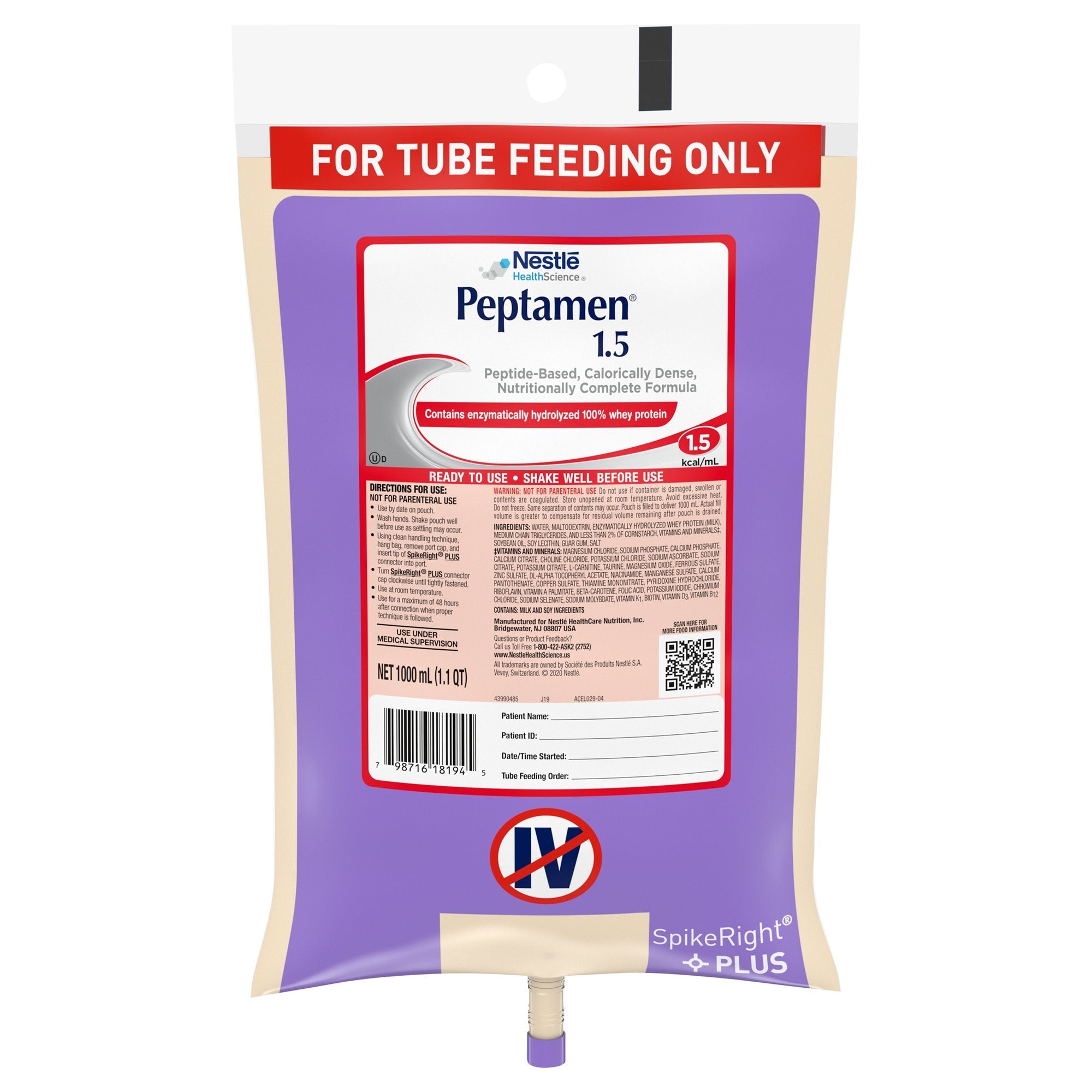 Peptamen® 1.5 Peptide-Based Nutritionally Complete Formula, 1 Liter Bag 10798716281949