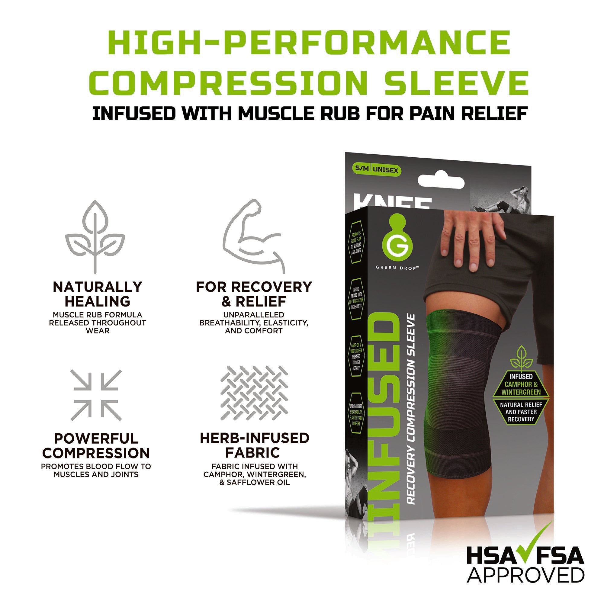Green Drop™ Infused Compression Sleeve Knee Support, Large/Extra Large KNE-1453