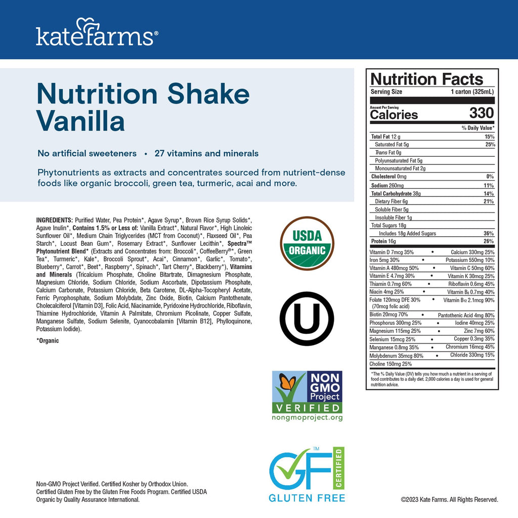 Kate Farms® Nutrition Shake, Vanilla, 11-ounce carton 811112030591