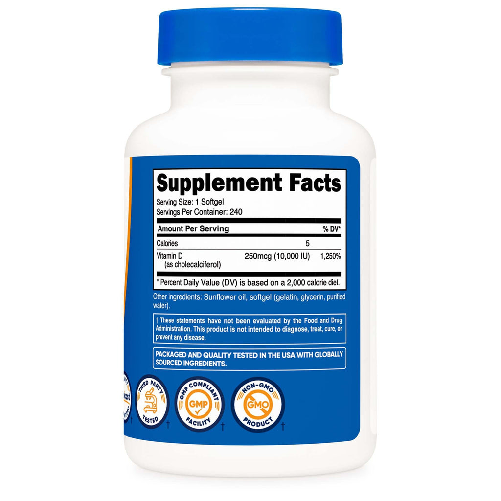 Dietary Supplement nutricost® Vitamin D3 10,000 IU Strength Softgel 240 Per Bottle NTC071101