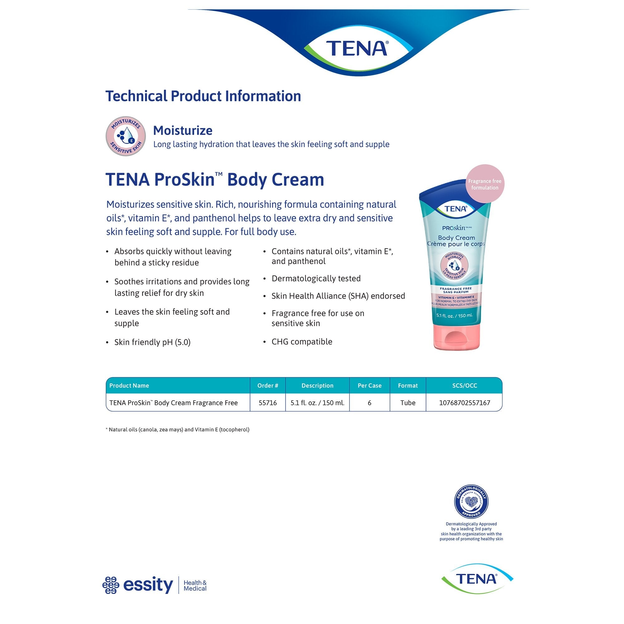 Hand and Body Moisturizer Tena® Proskin™ 5.1 oz. Tube Unscented Cream CHG Compatible 55716