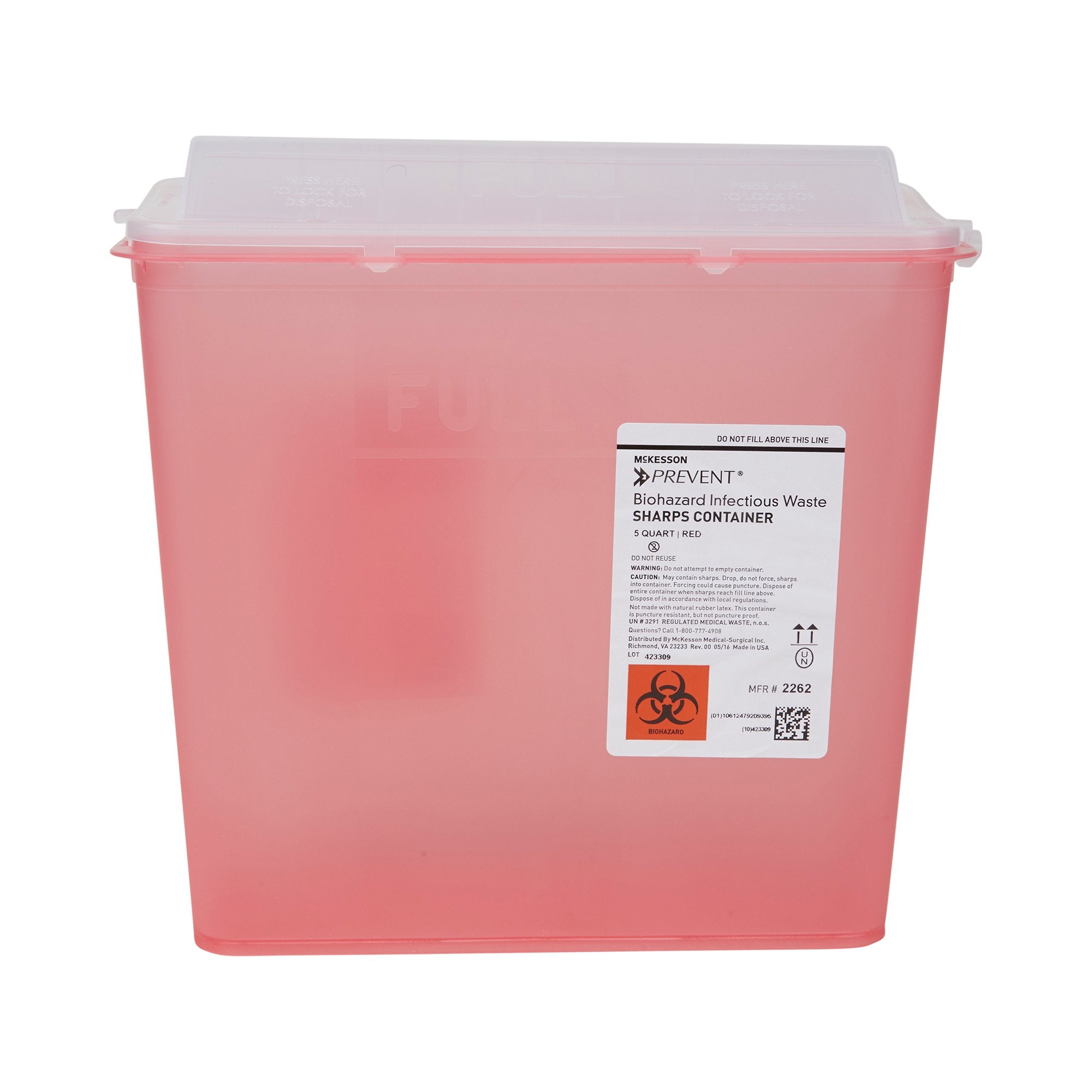 McKesson Prevent® Red Sharps Container, 1.25 Gallon, 10.75 x 10.5 x 4.75 Inch 2262