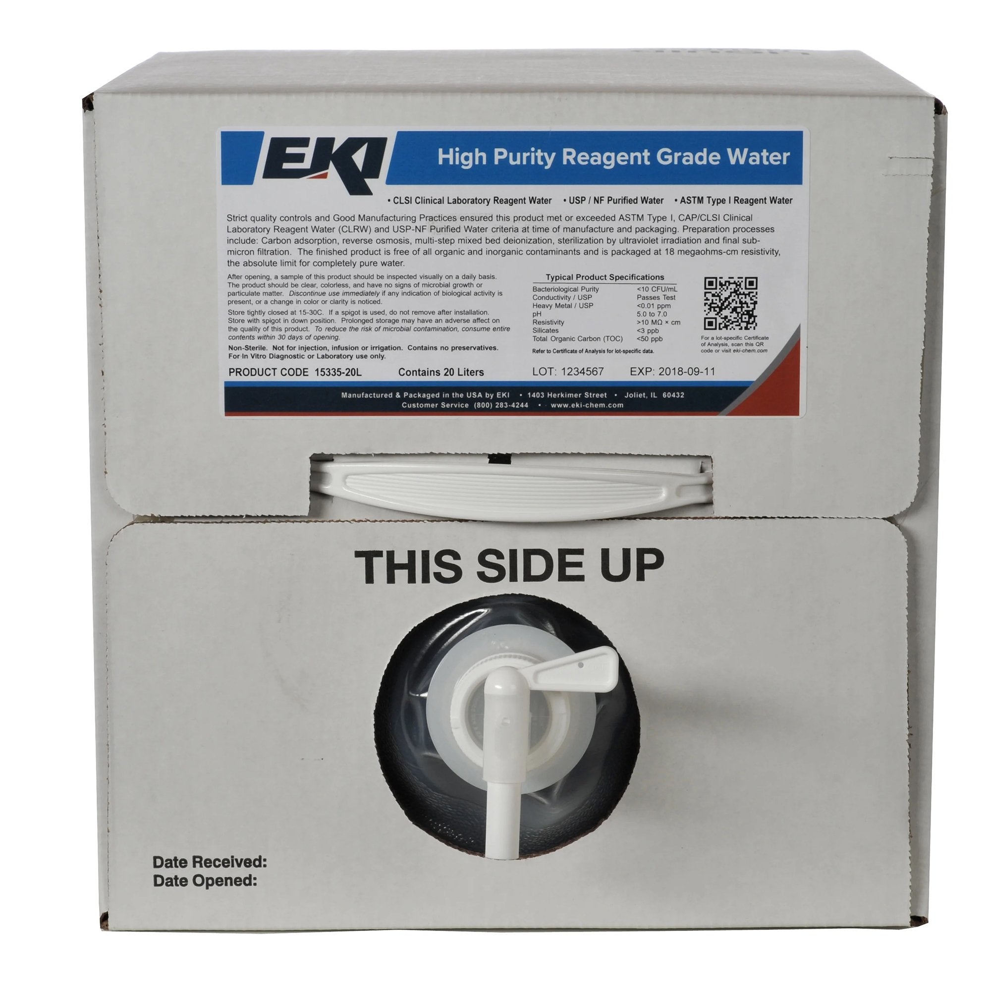 Ek Industries Inc Deionized Water Chemistry Reagent, 20 Liter Cubitainer® 15335-20L
