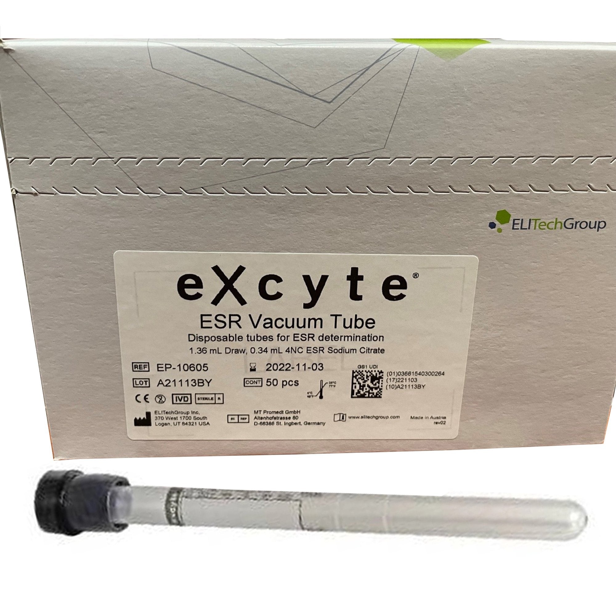 Excyte® Vacuum Tube Venous Blood Collection Tube, 1.36 mL, 120 mm Length EP-10605