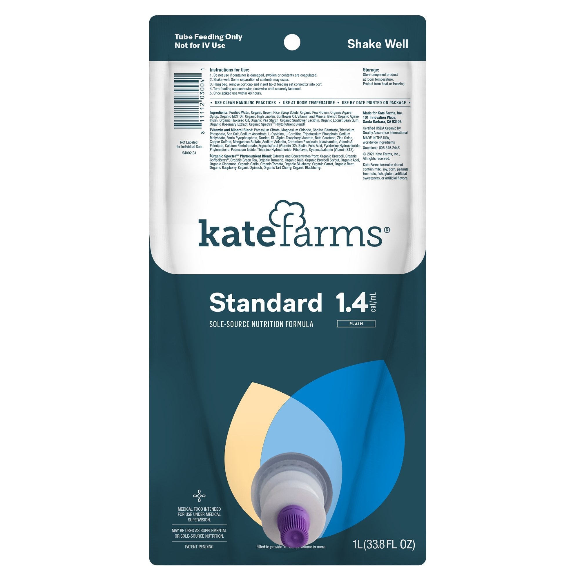Kate Farms® Standard 1.4 Sole-Source Nutrition Formula, 1000 mL Bag 811112030058