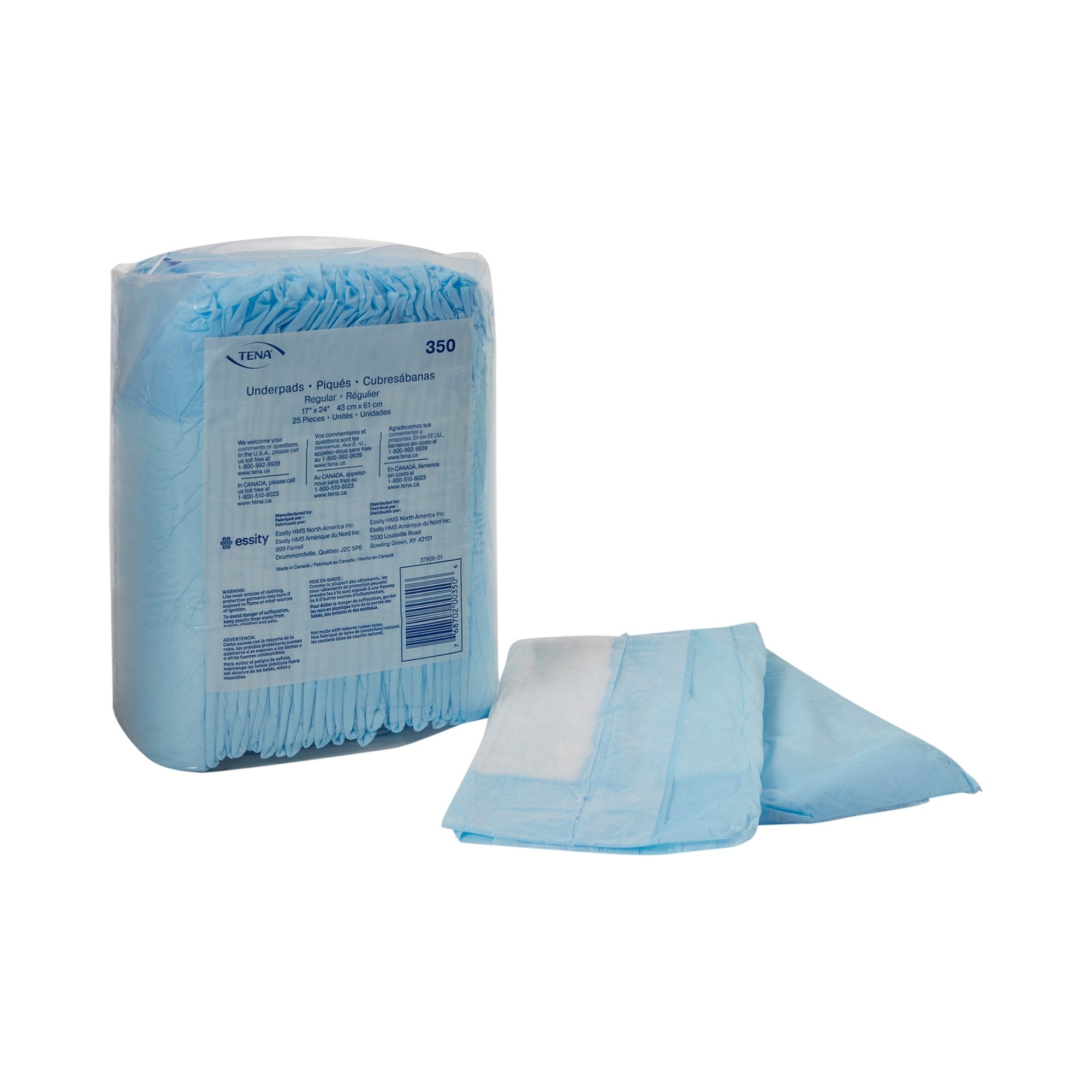 TENA Regular Underpads, Light Absorbency, Blue, Disposable, Latex-Free 350