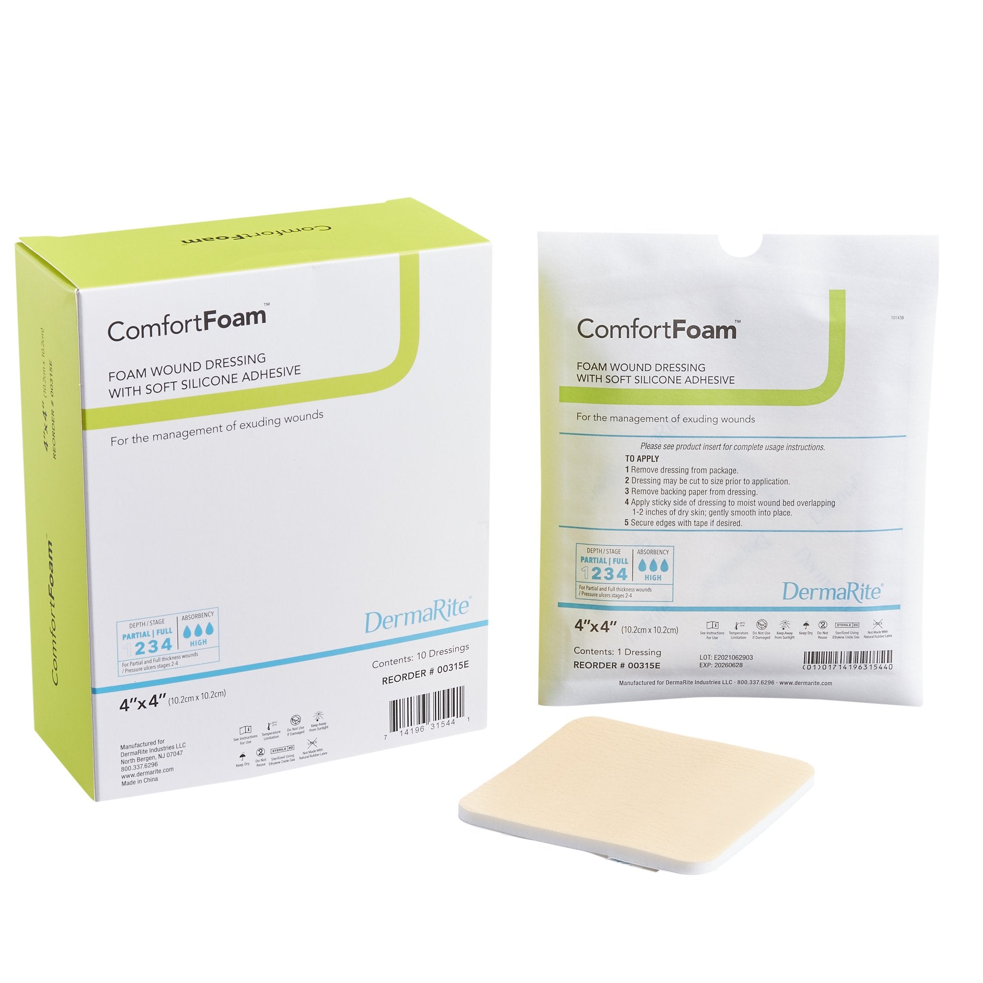 ComfortFoam™ Silicone Adhesive without Border Silicone Foam Dressing, 4 x 4 Inch 00315E