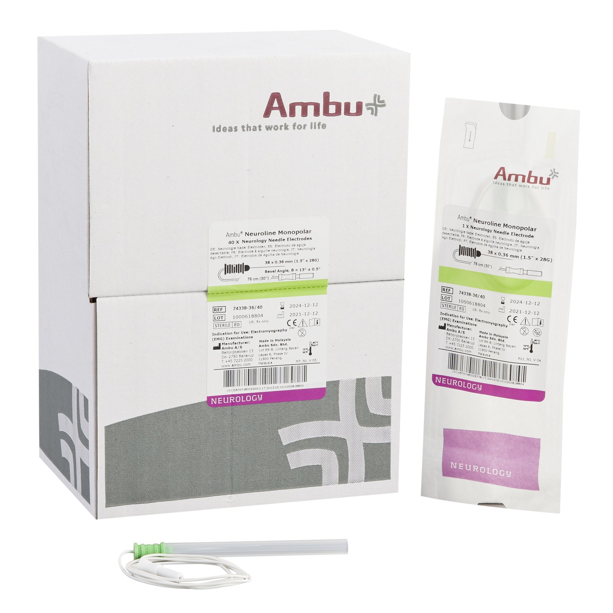 EMG Needle Electrode with Leadwire Ambu® Neuroline 28 Gauge X 1-1/2 Inch Length X 30 Inch Lead Length Coated Stainless Steel Sterile Sharp Beveled Mon