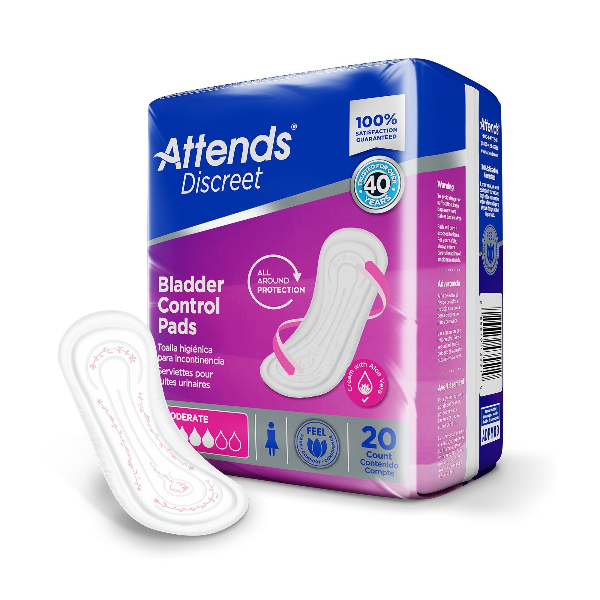 Attends® Discreet Women's Moderate Bladder Control Pad, 10½-Inch Length ADPMOD