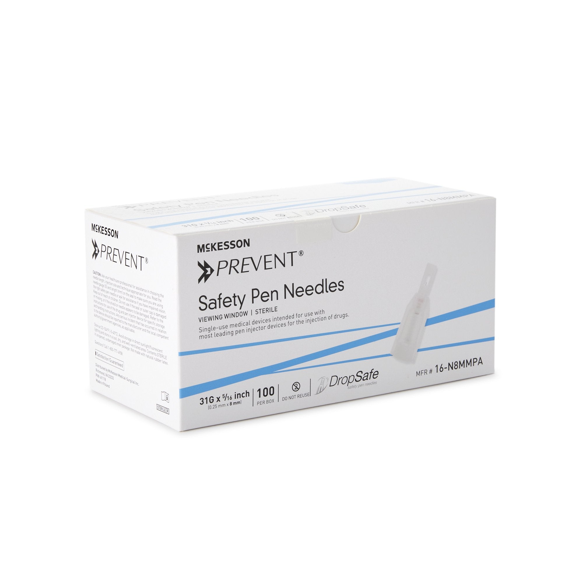 McKesson Prevent® Safety Insulin Pen Needle, 31 Gauge, 8 mm Length 16-N8MMPA