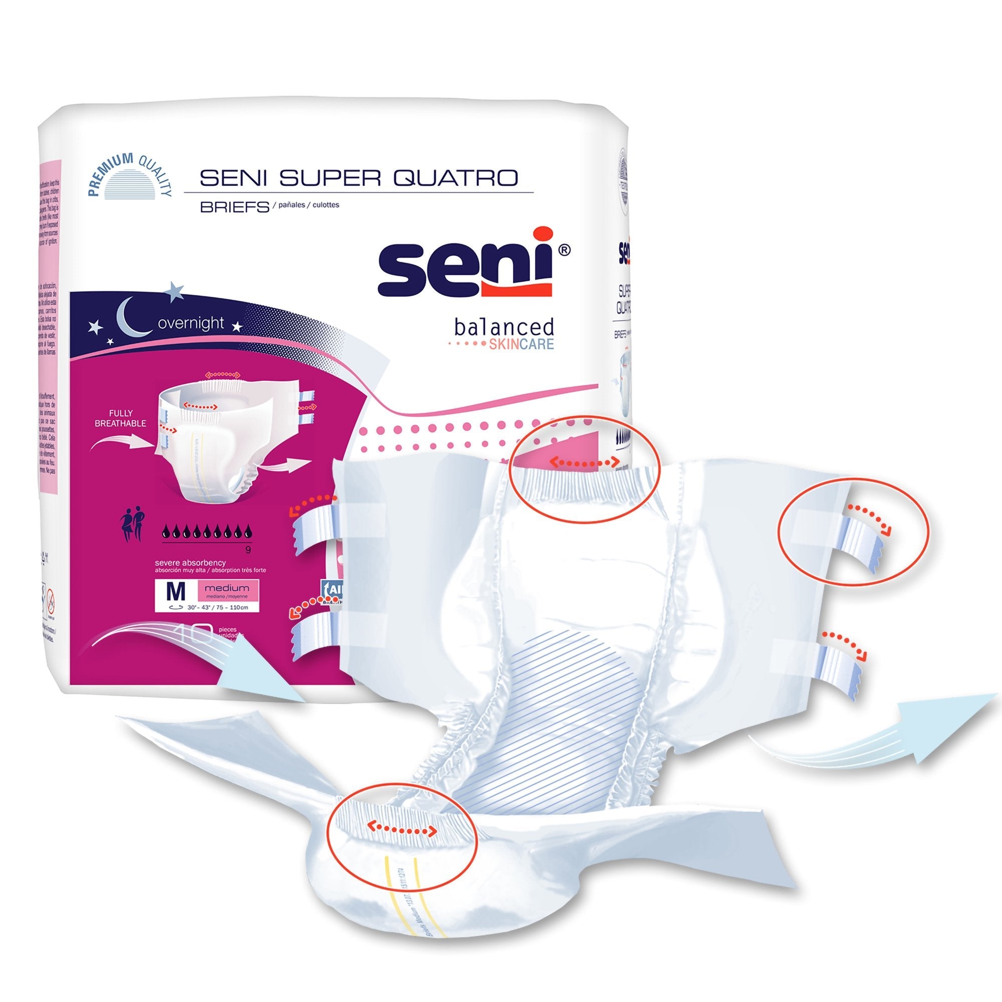 Seni® Super Quatro Severe Absorbency Incontinence Brief, Medium S-ME10-BQ1