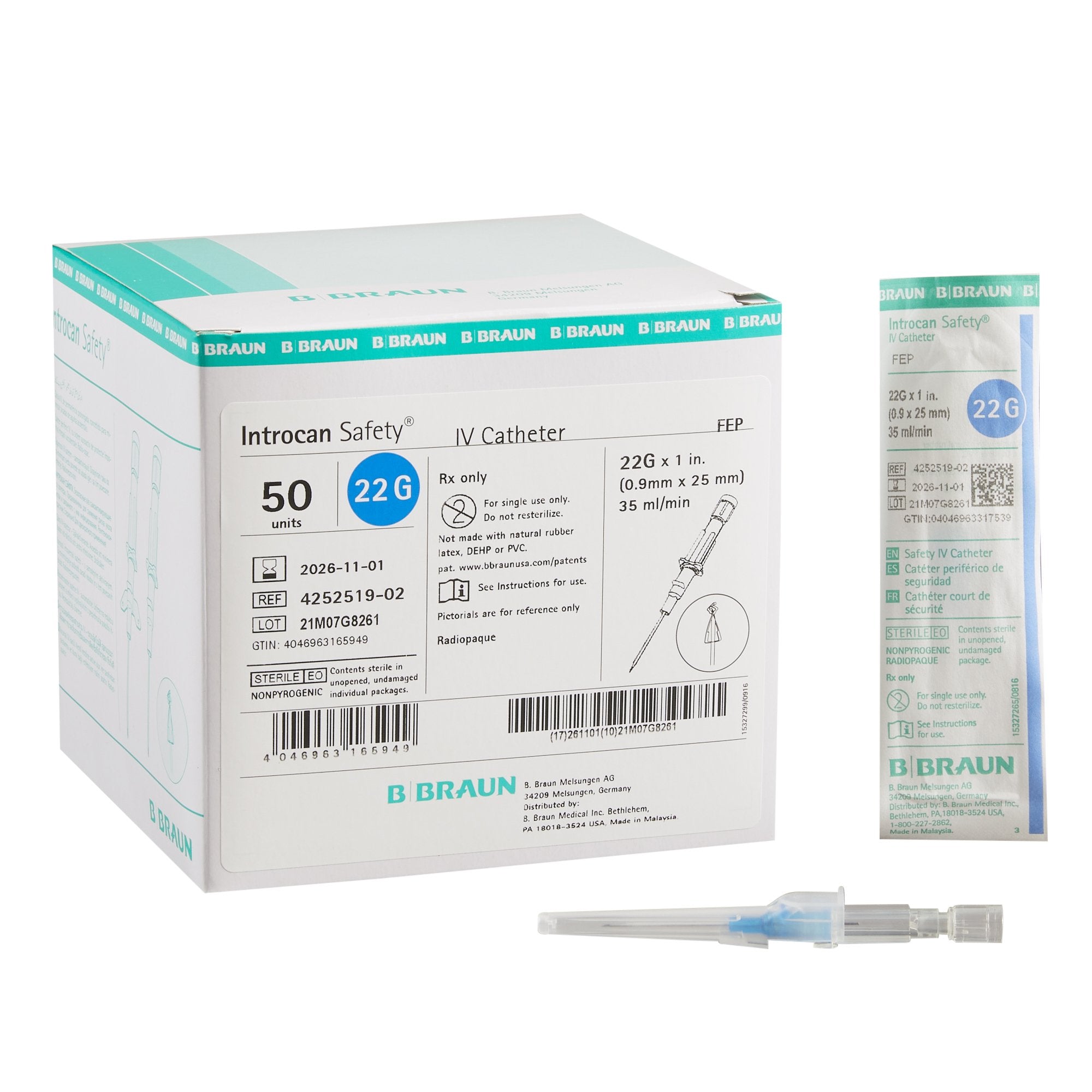 Peripheral IV Catheter Introcan Safety® 22 Gauge 1 Inch FEP Polymer Straight Hub Non Blood Control Passive Safety - 4252519-02