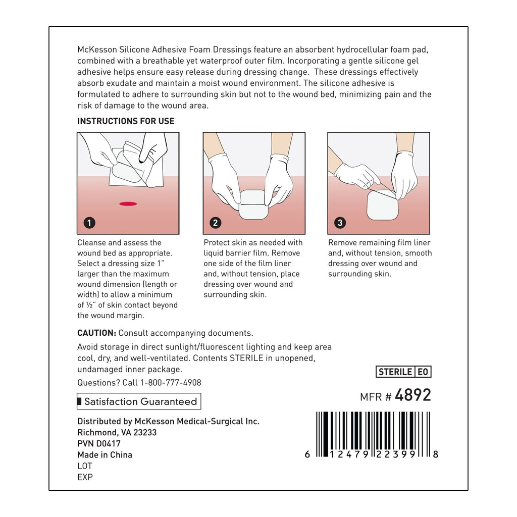 McKesson Lite Hydrocellular Foam Dressing w/ Silicone Adhesive w/o Border, 3 x 3 4892