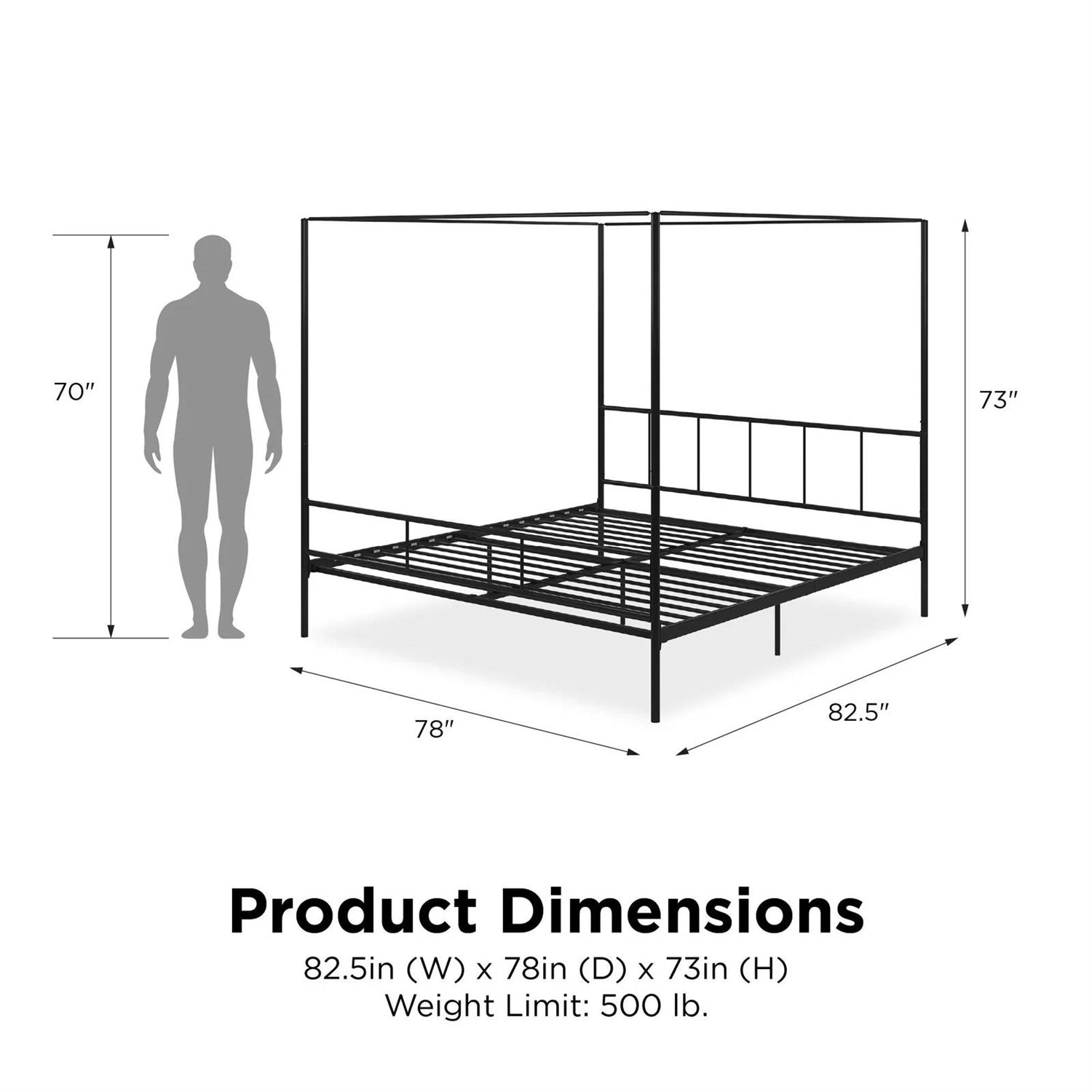 King size Black Metal Canopy Bed Frame with Headboard and Footboard
