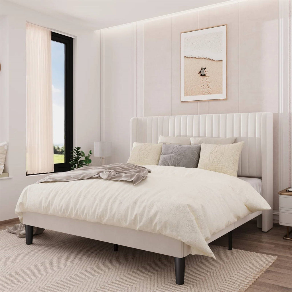 Full size White Velvet Upholstered Platform Bed Frame with Wingback Headboard