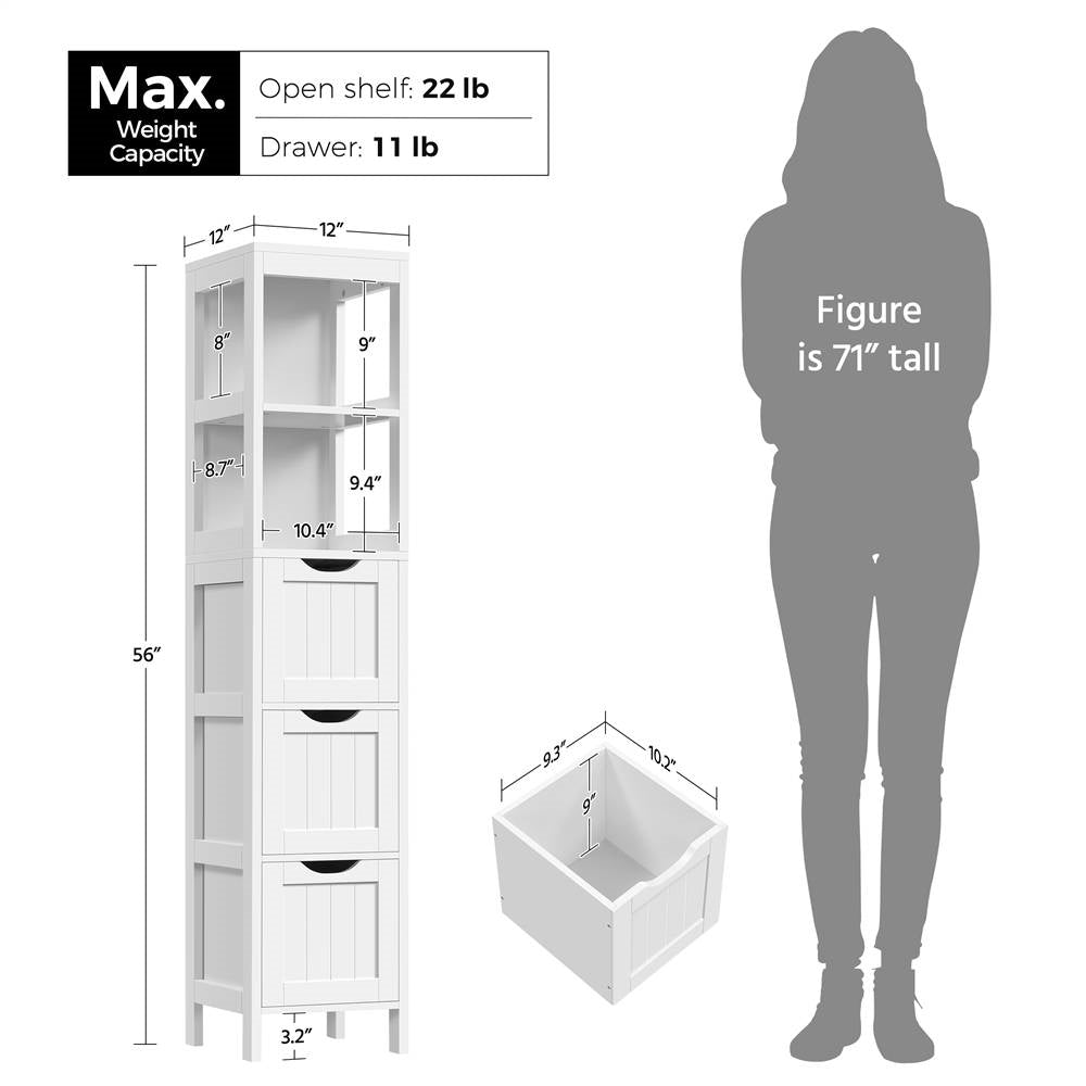 Bathroom Cabinet Tower with 3 Storage Drawers and 2 Shelves in White Wood Finish