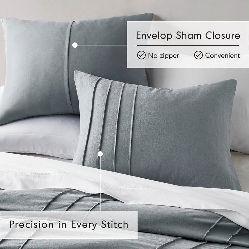 Full/Queen size Pleated Pre-Washed Microfiber Comforter Set in Blue Grey