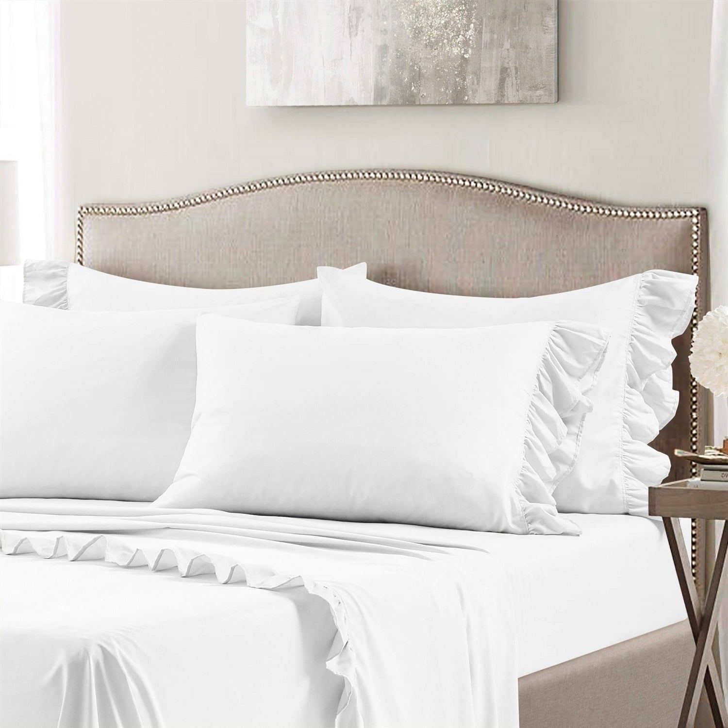 Kingn size 6-Piece White Microfiber Sheet Set with Ruffled Edges
