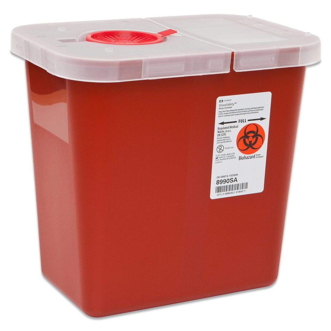 Sharps Container SharpSafety™ Red Base 10 H X 10-1/2 W X 7-1/4 D Inch Horizontal Entry 2 Gallon - 8990SA