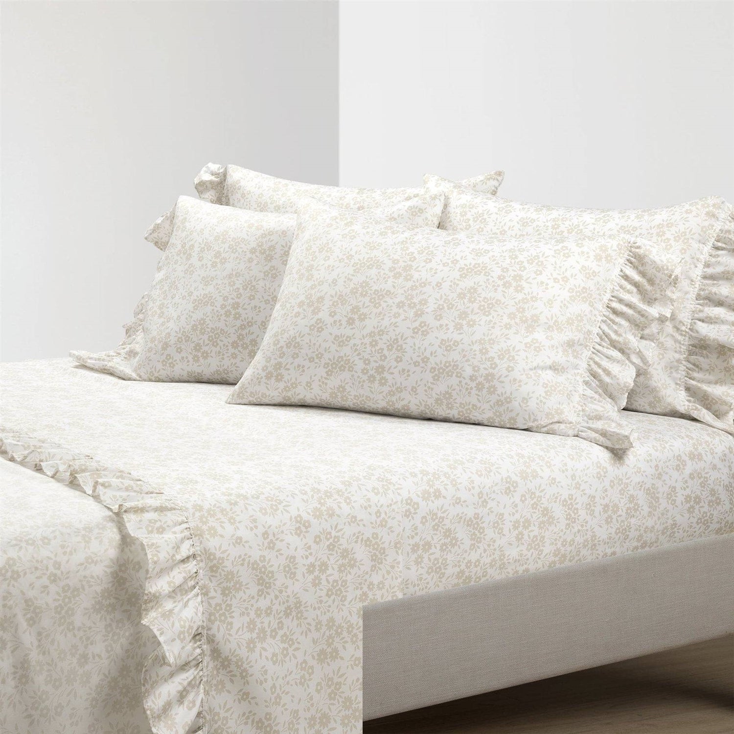 Queen Size Polyester Tan Ruffle Floral 6 Piece Sheet Set