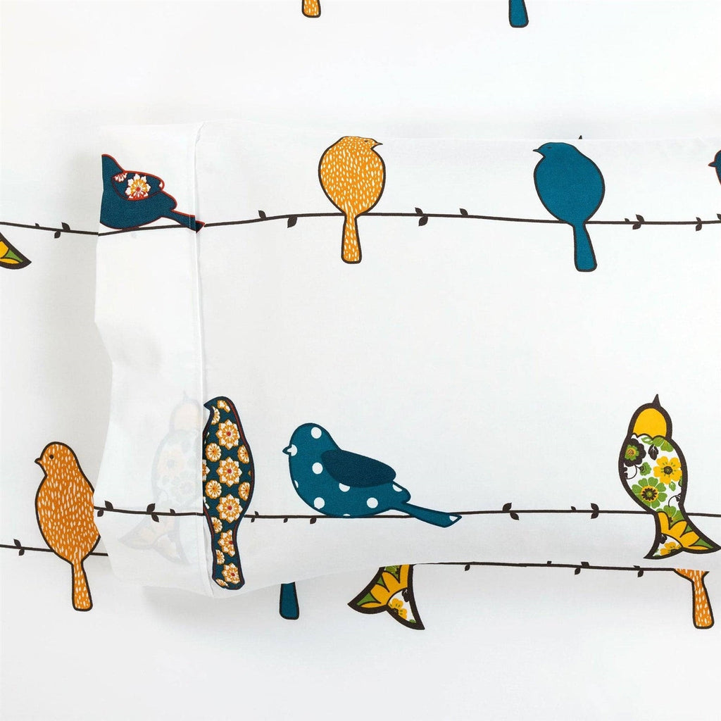 Full Teal Yellow White Floral Birds on Wire Soft Polyester 6 Piece Sheet Set
